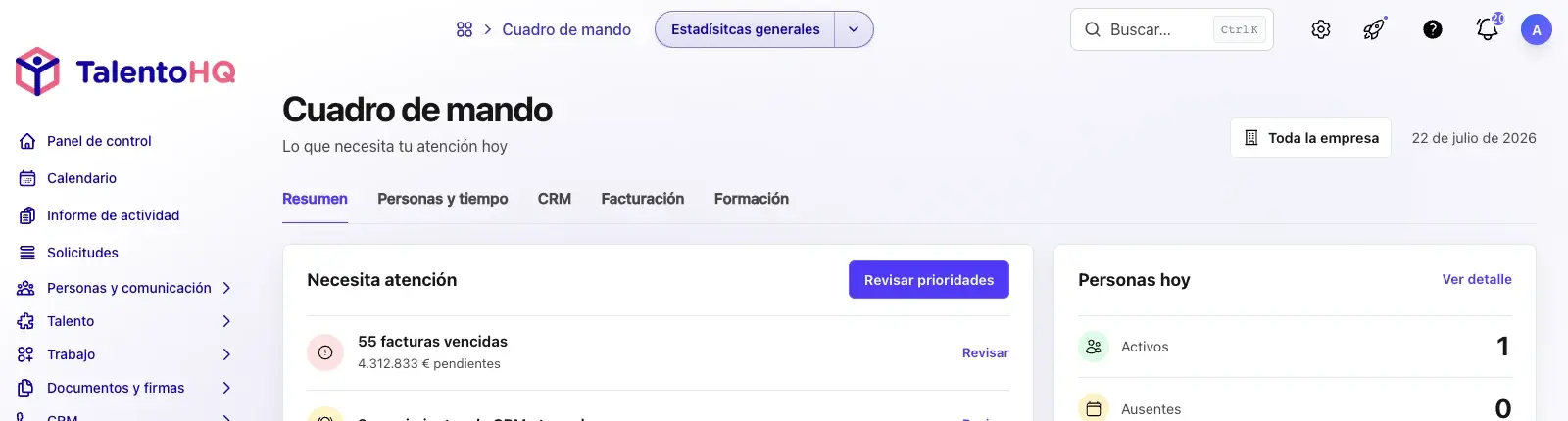 Panel de control de TalentoHQ con módulos de RRHH para pymes