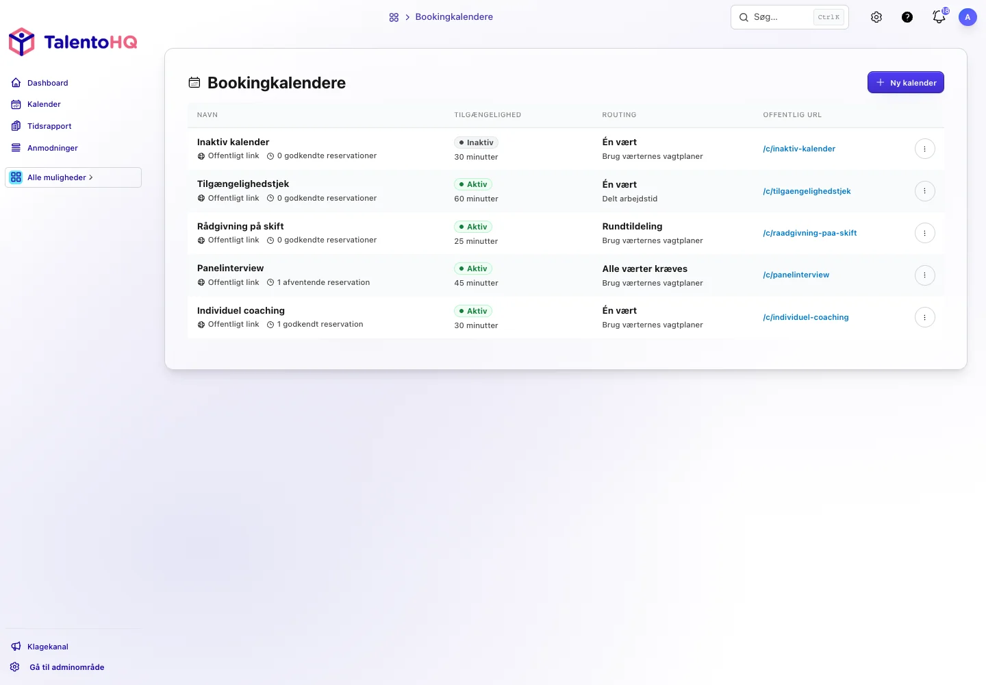 Kalenderadministration i TalentoHQ med bookinger, tilgængelighed og aftalestyring.