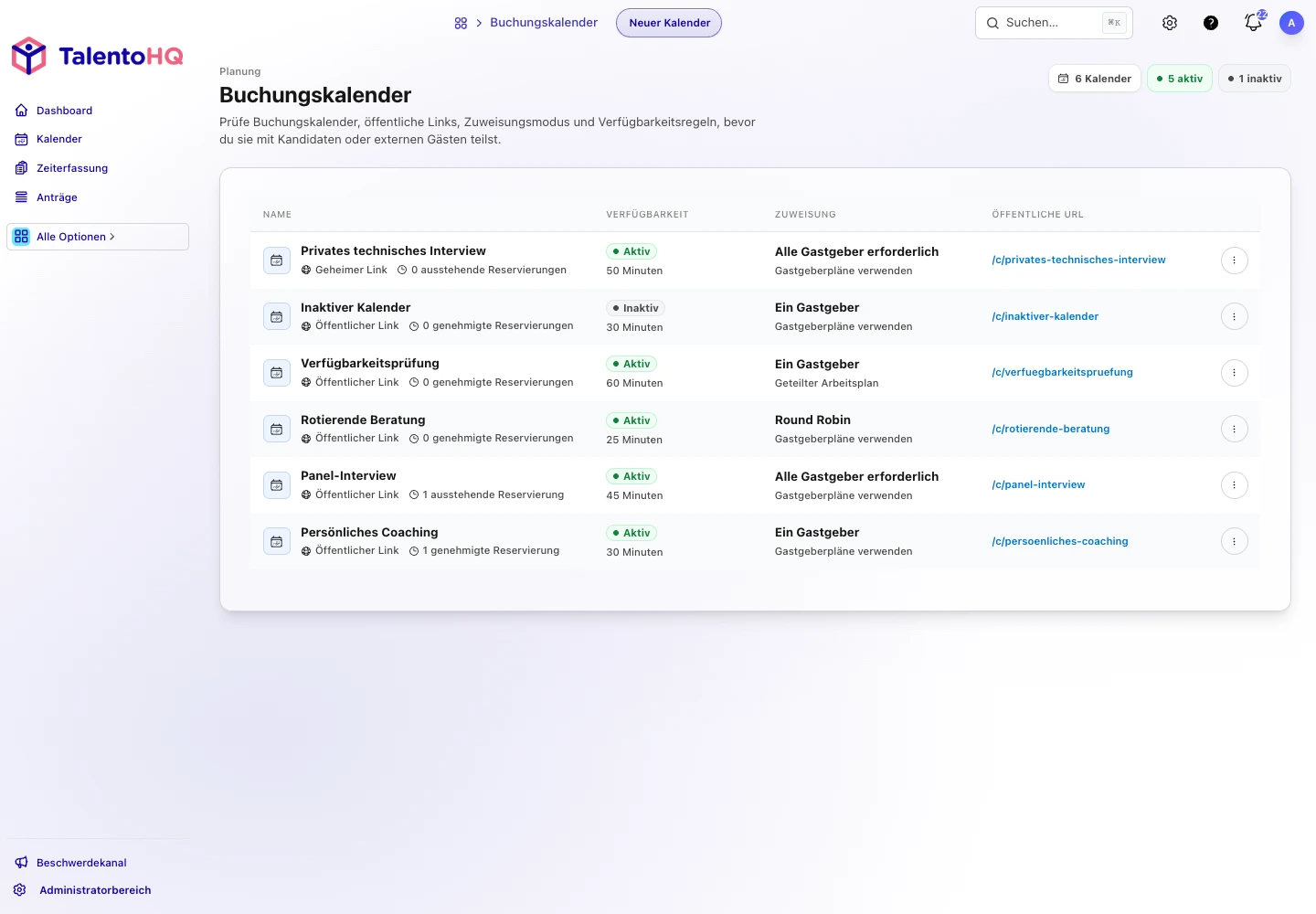 Kalenderverwaltung in TalentoHQ mit Terminen, Verfügbarkeit und Terminmanagement.