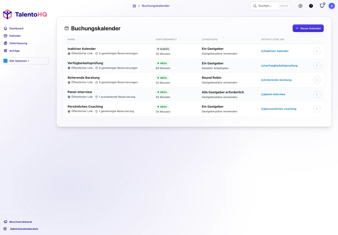 Kalenderverwaltung in TalentoHQ mit Terminen, Verfügbarkeit und Terminmanagement.