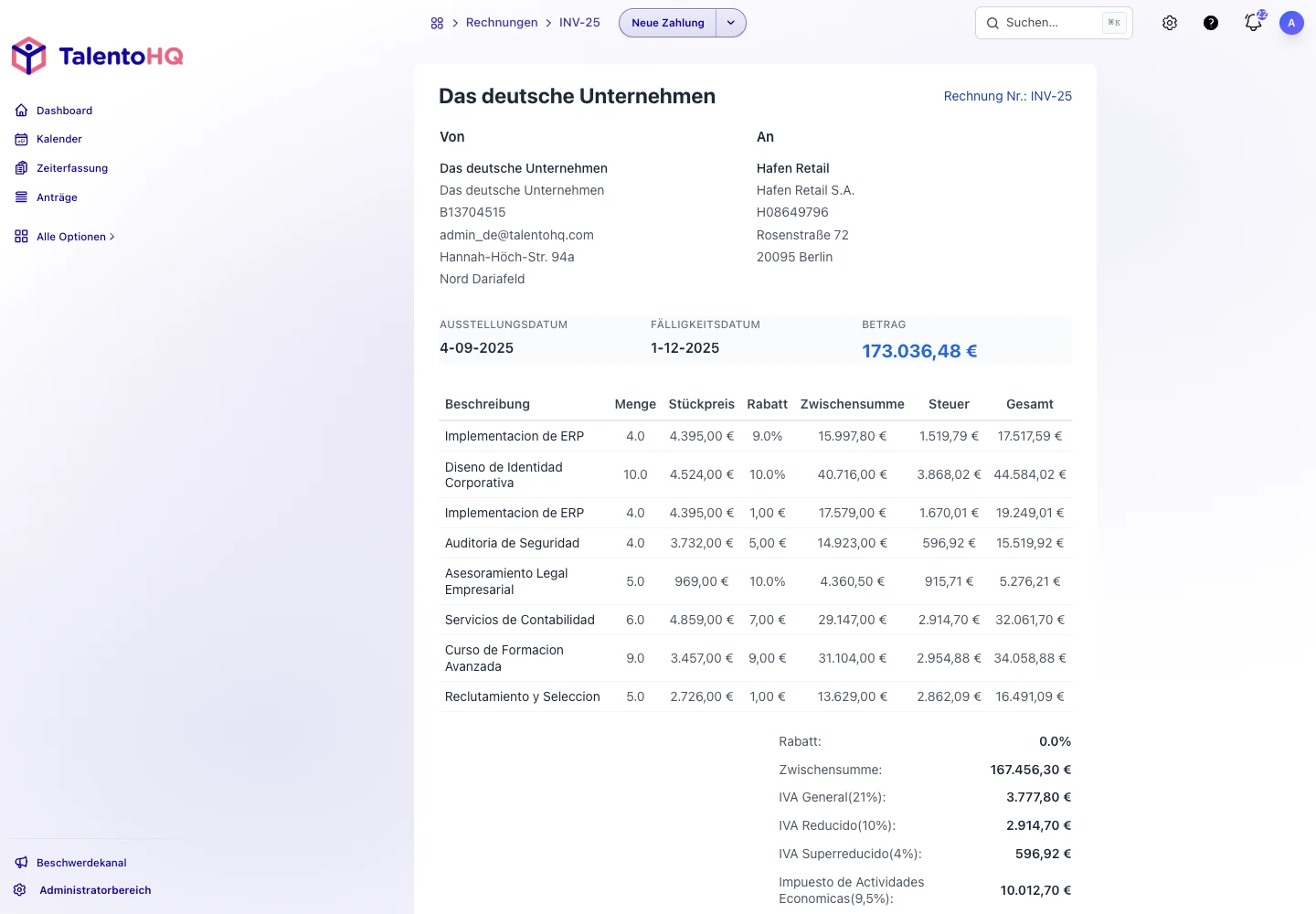 Rechnungsdetail in TalentoHQ mit Unternehmensdaten, Kunde, Leistungspositionen, Steuern und Summe.