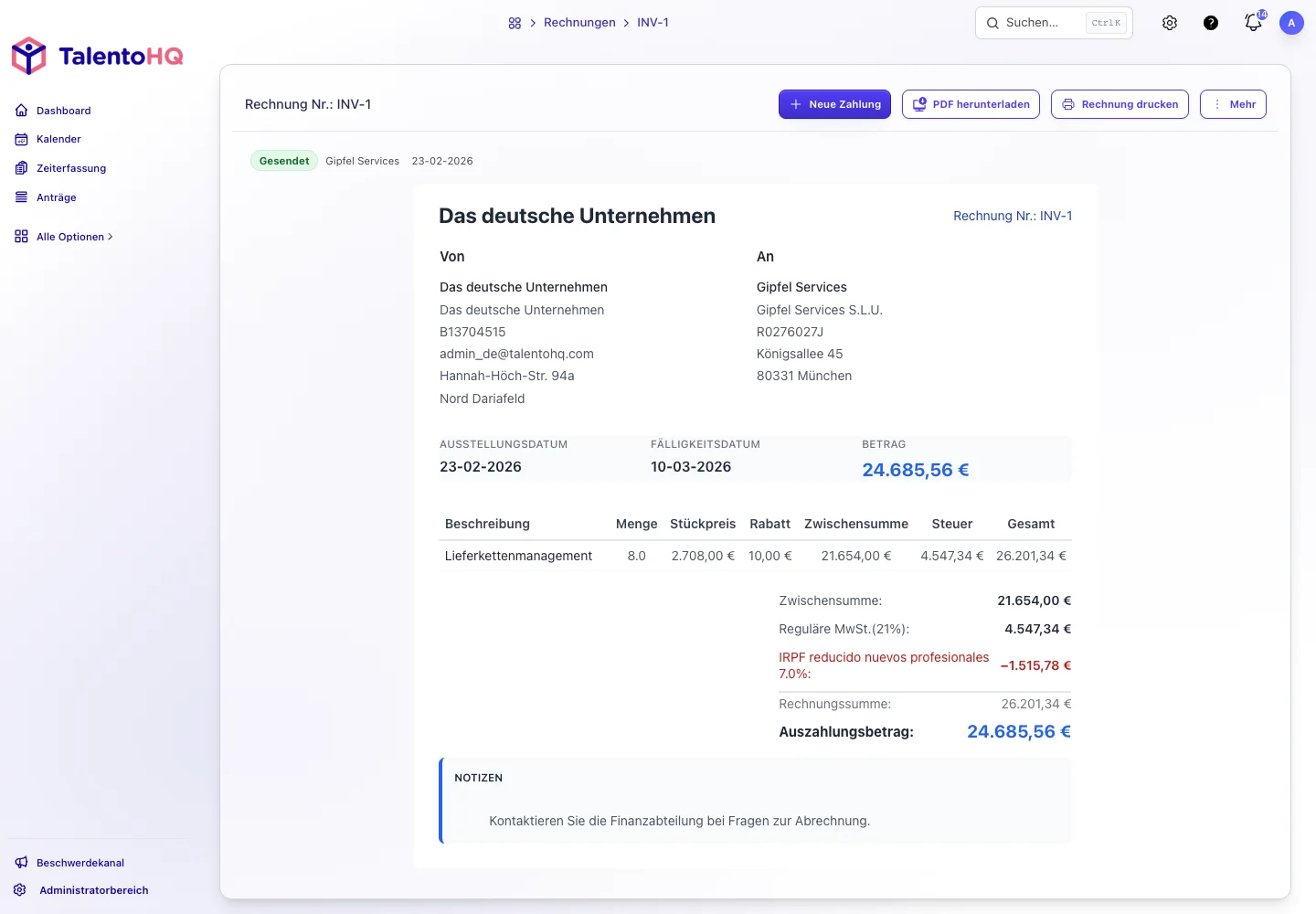 Rechnungsdetail in TalentoHQ mit Unternehmensdaten, Kunde, Leistungspositionen, Steuern und Summe.