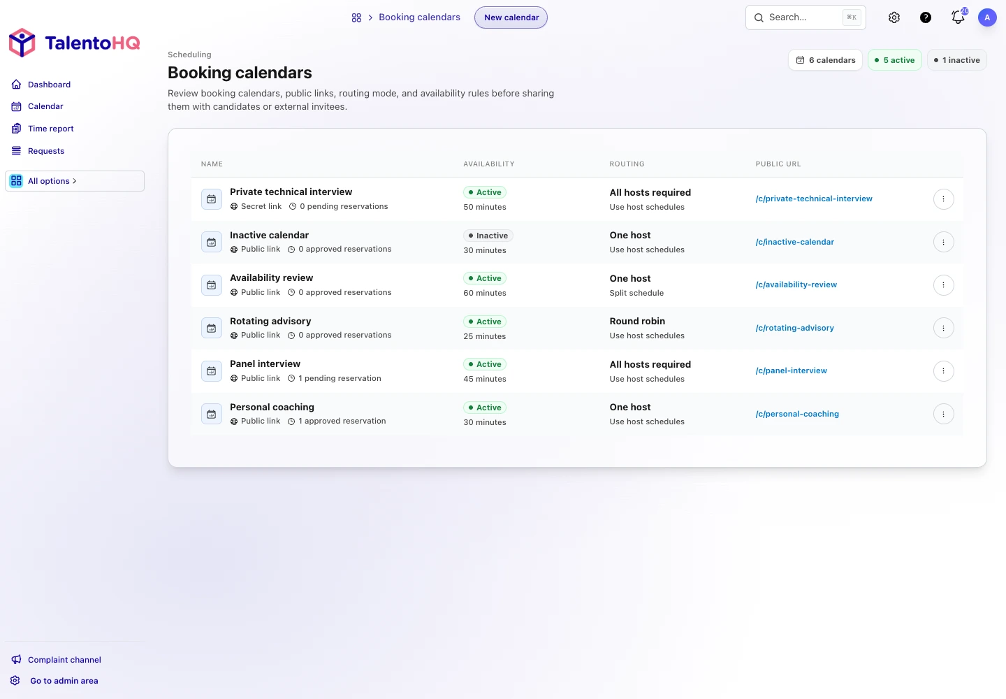 TalentoHQ calendar administration view with bookings, availability and appointment management.