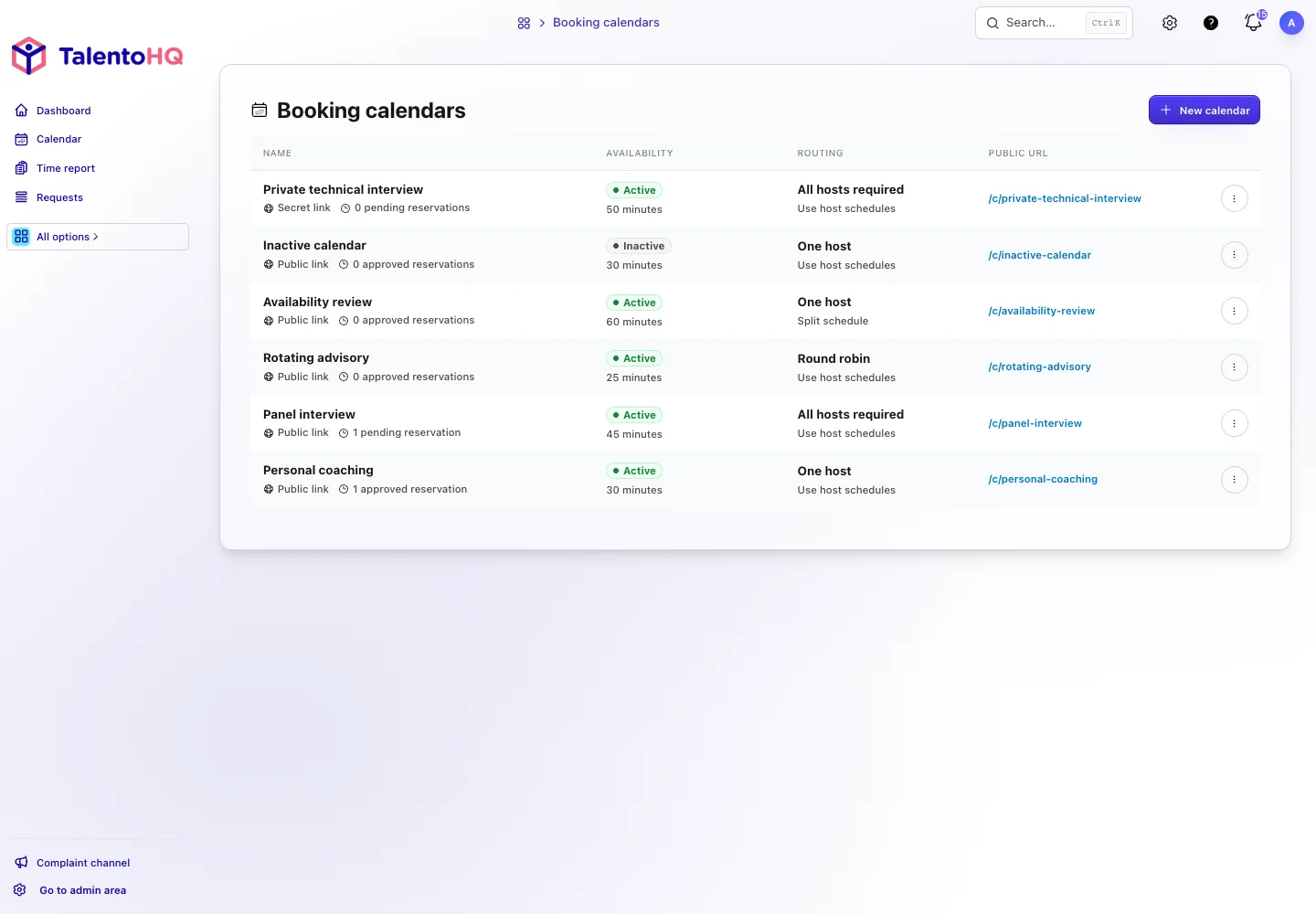 TalentoHQ calendar administration view with bookings, availability and appointment management.