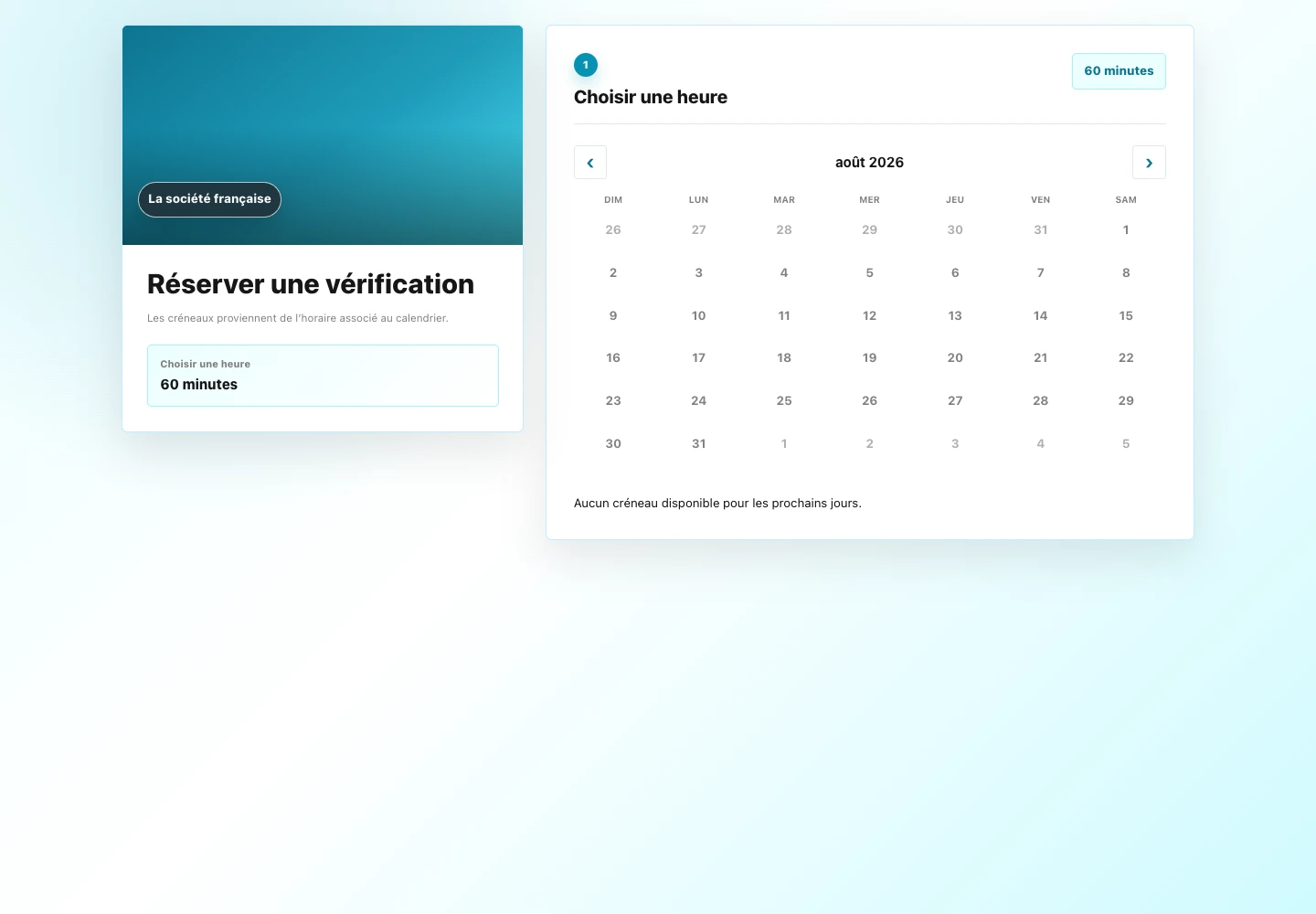 Page publique de réservation TalentoHQ pour que les clients demandent un rendez-vous en salon.