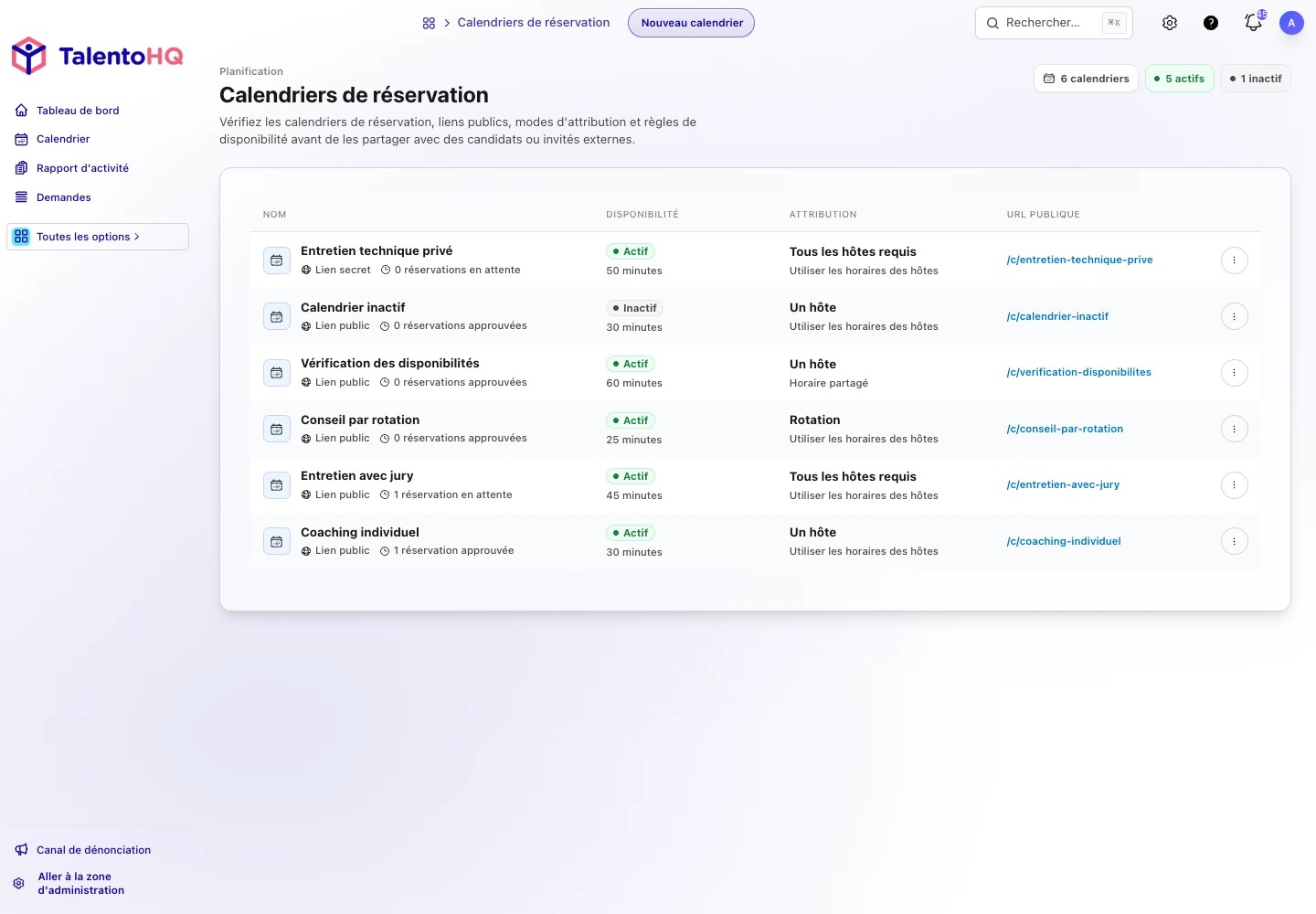Vue d’administration des calendriers TalentoHQ avec réservations, disponibilités et gestion des rendez-vous.