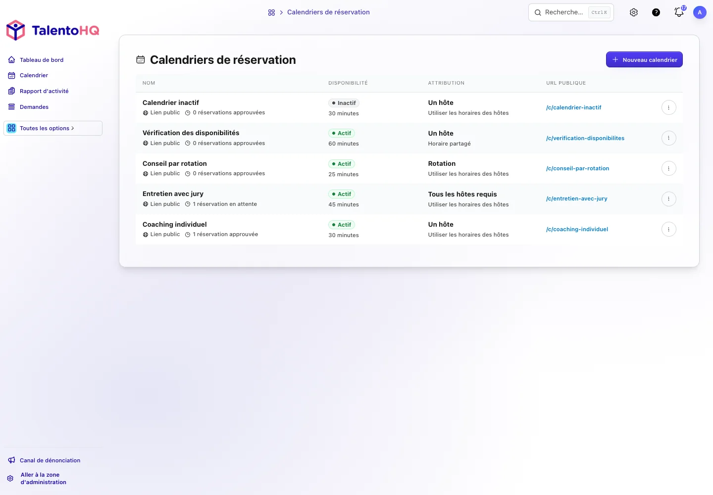 Vue d’administration des calendriers TalentoHQ avec réservations, disponibilités et gestion des rendez-vous.