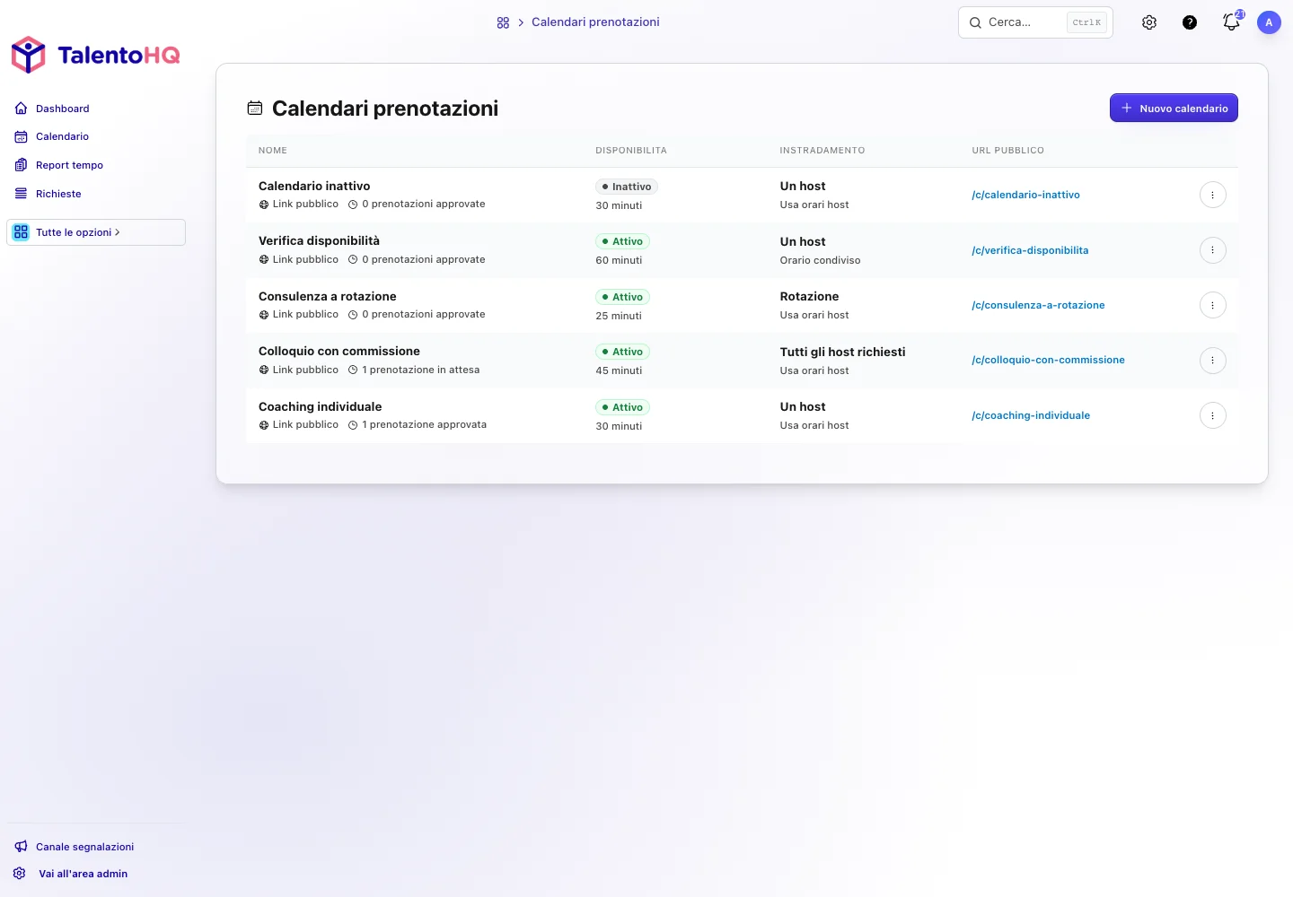 Vista di amministrazione calendari TalentoHQ con prenotazioni, disponibilità e gestione appuntamenti.