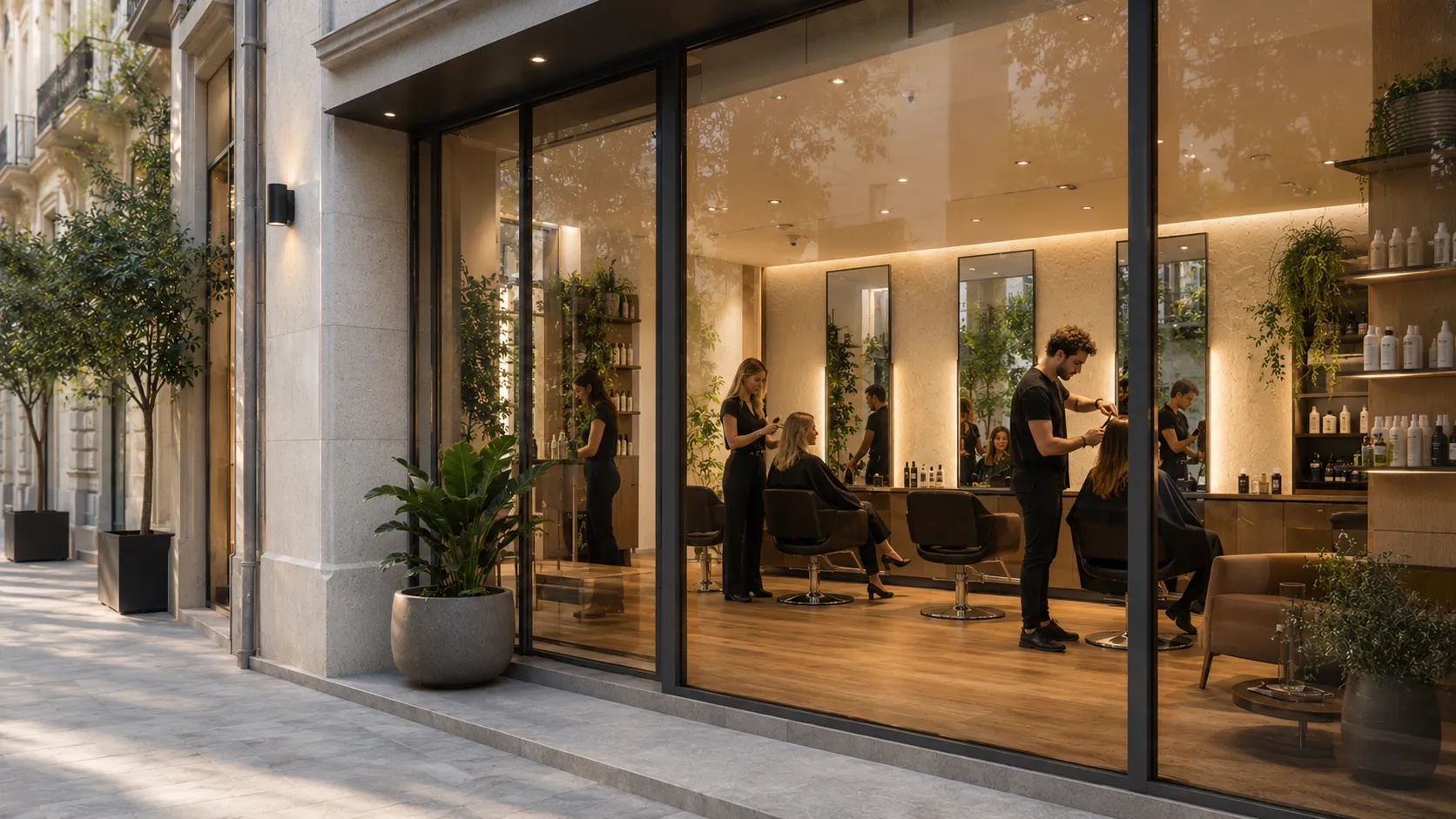 Interior de una peluquería moderna preparada para atender citas y coordinar el trabajo del salón.