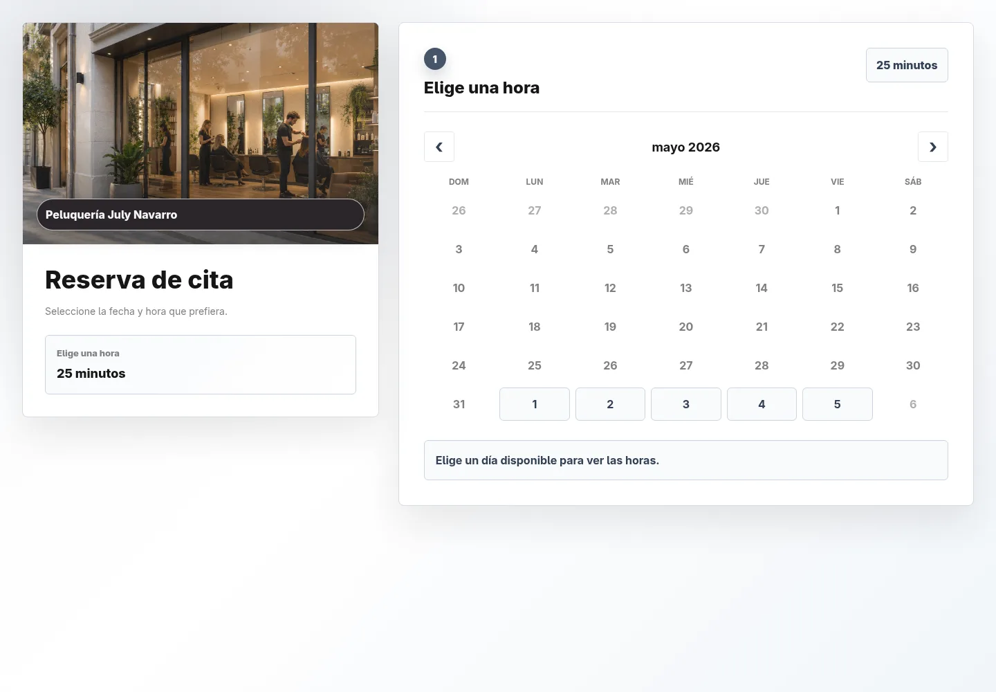 Página pública de reservas de TalentoHQ para que clientes soliciten cita en una peluquería.