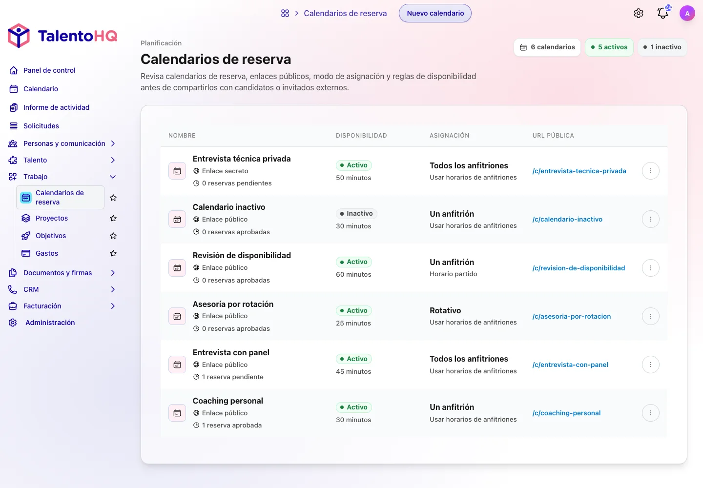 Vista de administración de calendarios en TalentoHQ con reservas, disponibilidad y gestión de citas.
