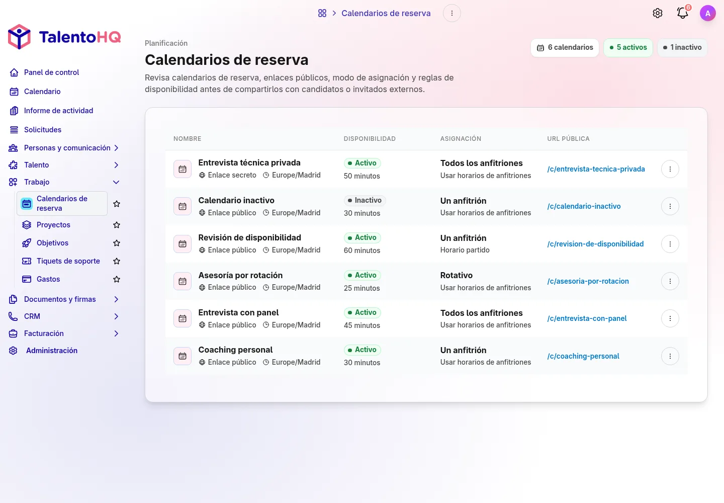 Vista de administración de calendarios en TalentoHQ con reservas, disponibilidad y gestión de citas.