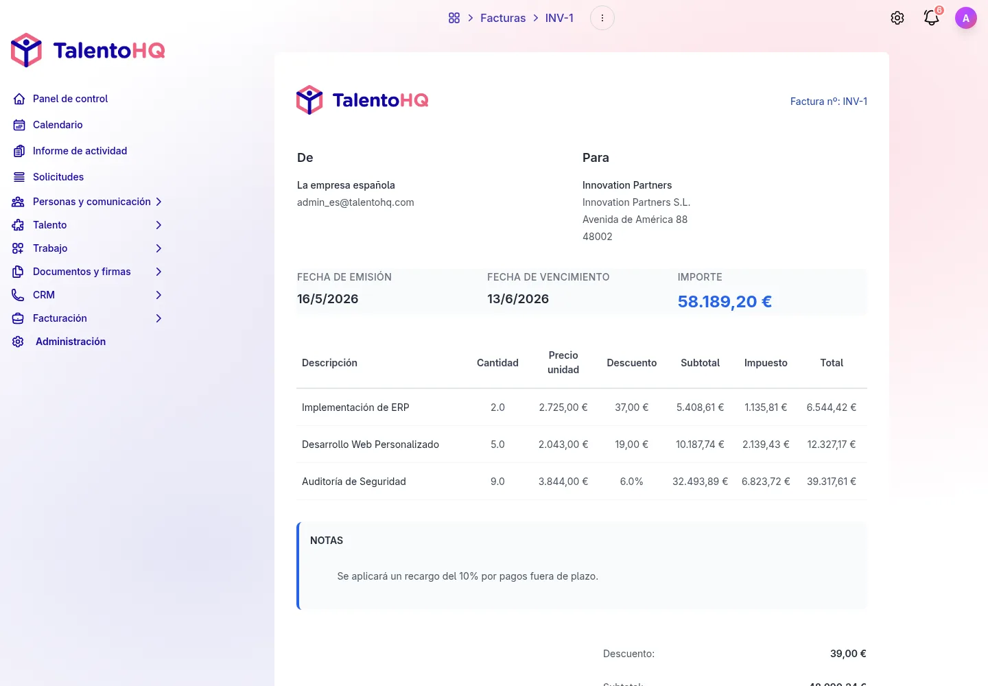 Detalle de una factura en TalentoHQ con datos de empresa, cliente, líneas de servicios, impuestos y total.
