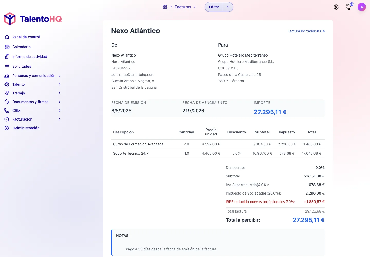 Detalle de una factura en TalentoHQ con datos de empresa, cliente, líneas de servicios, impuestos y total.