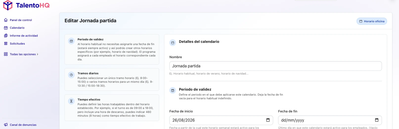 Calendario de turnos y disponibilidad en TalentoHQ para Cafetería Dover