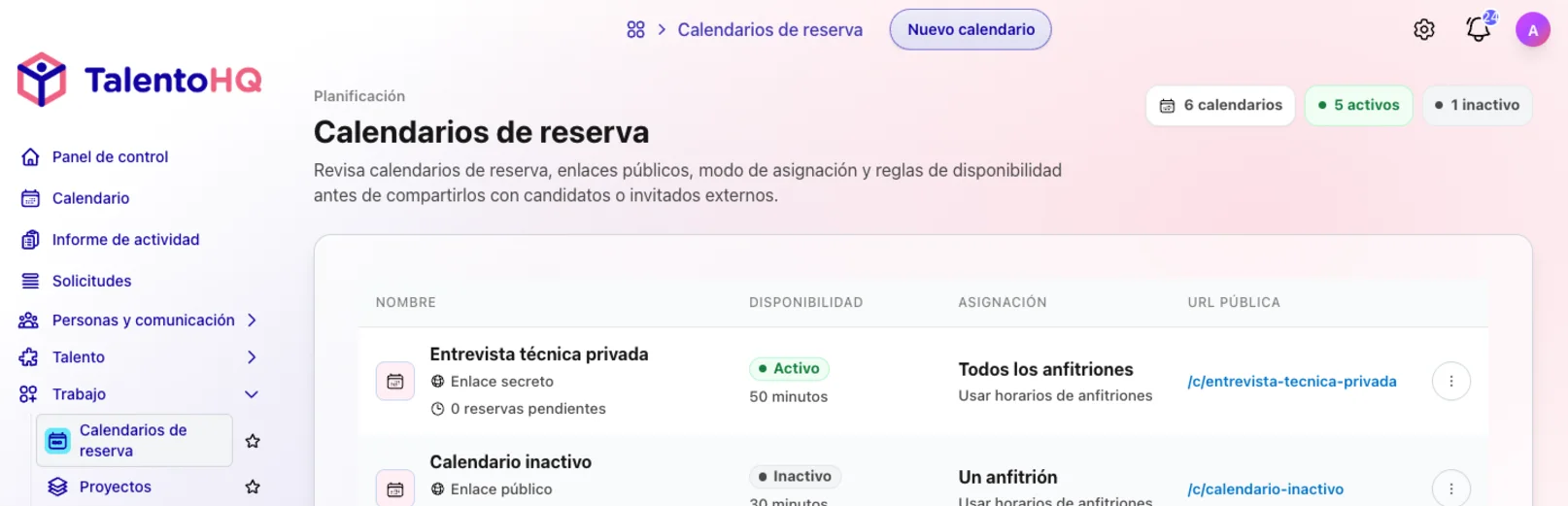 Calendario de turnos y disponibilidad en TalentoHQ para Cafetería Dover